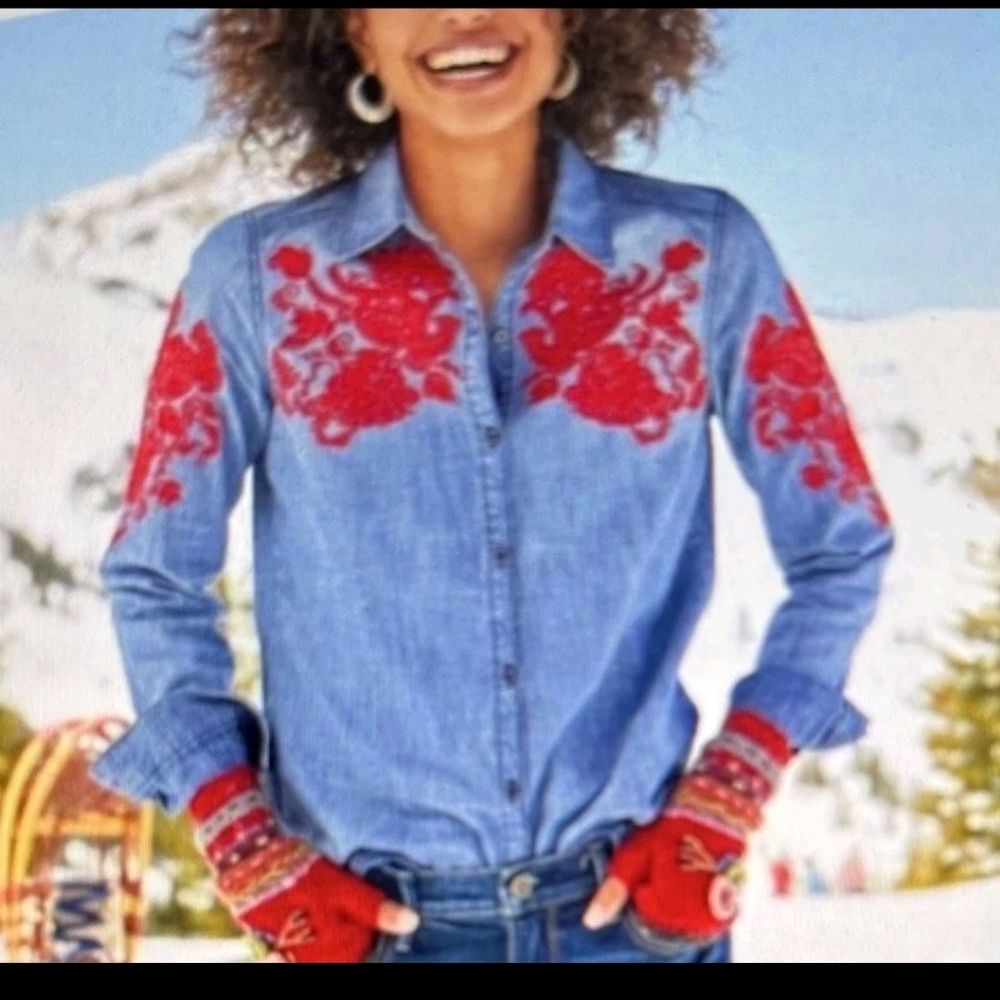 Sundance Blue Button Down With Red Embroidery - image 1